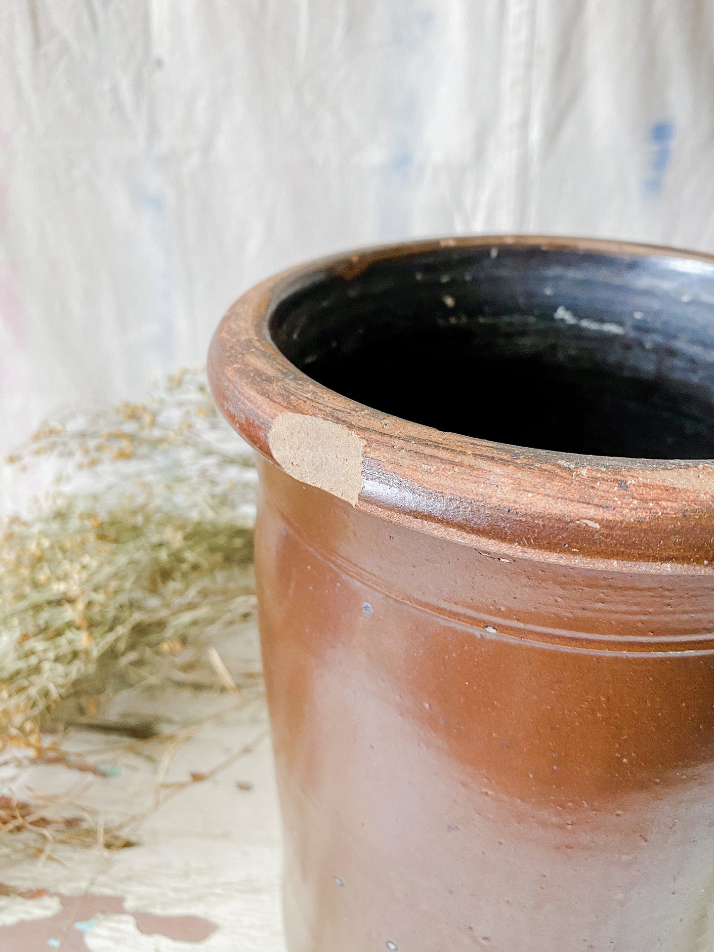 Antique Primitive Dark Brown Glazed 9" Crock | Rustic Farmhouse Kitchen | Antique Stoneware Jar