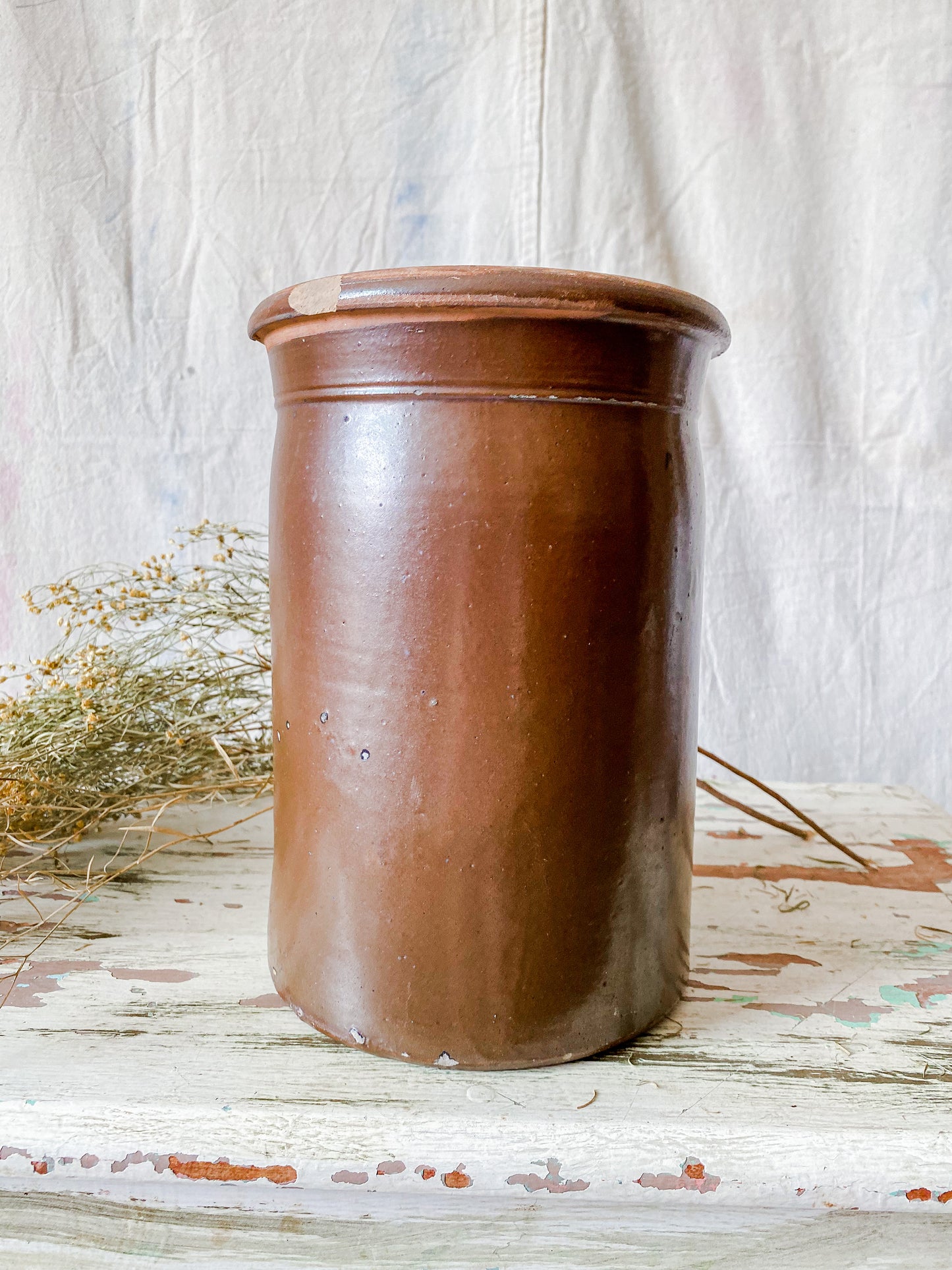 Antique Primitive Dark Brown Glazed 9" Crock | Rustic Farmhouse Kitchen | Antique Stoneware Jar