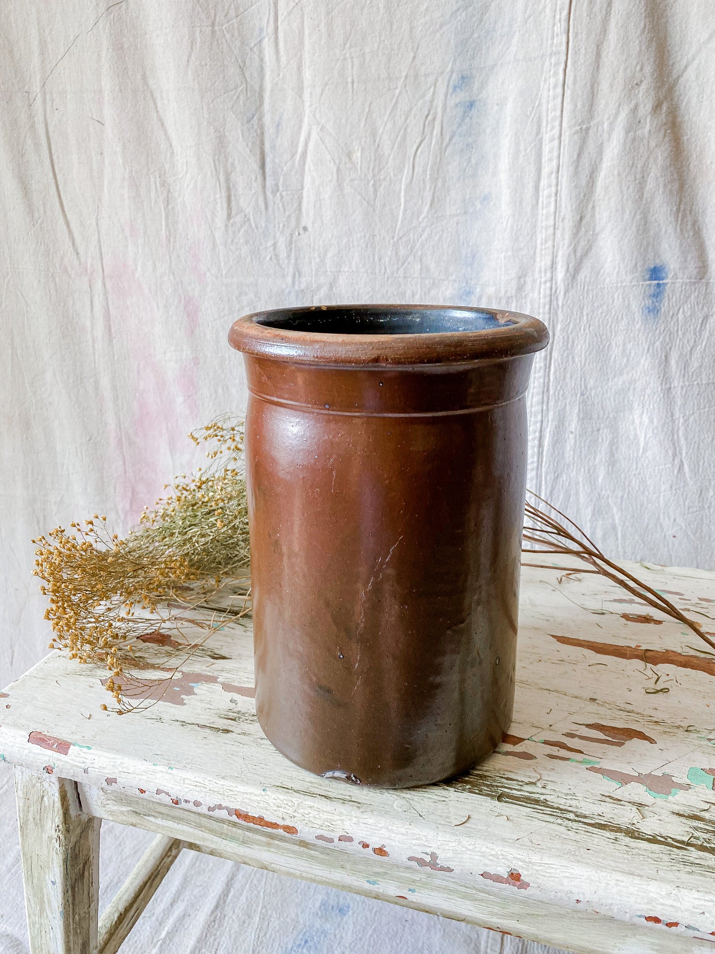 Antique Primitive Dark Brown Glazed 9" Crock | Rustic Farmhouse Kitchen | Antique Stoneware Jar