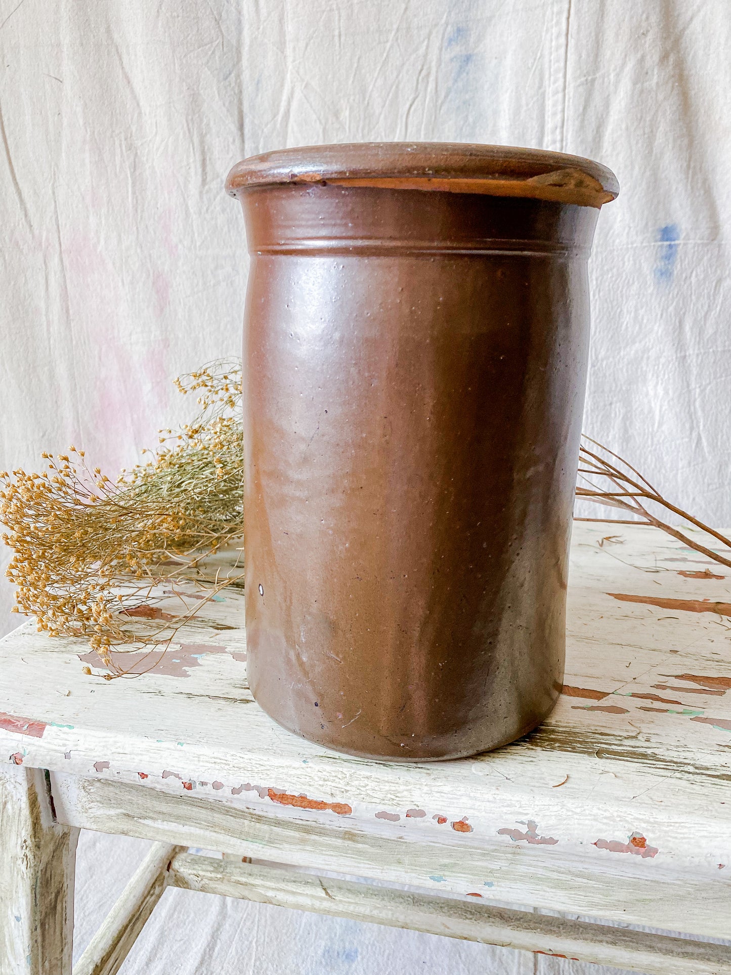 Antique Primitive Dark Brown Glazed 9" Crock | Rustic Farmhouse Kitchen | Antique Stoneware Jar