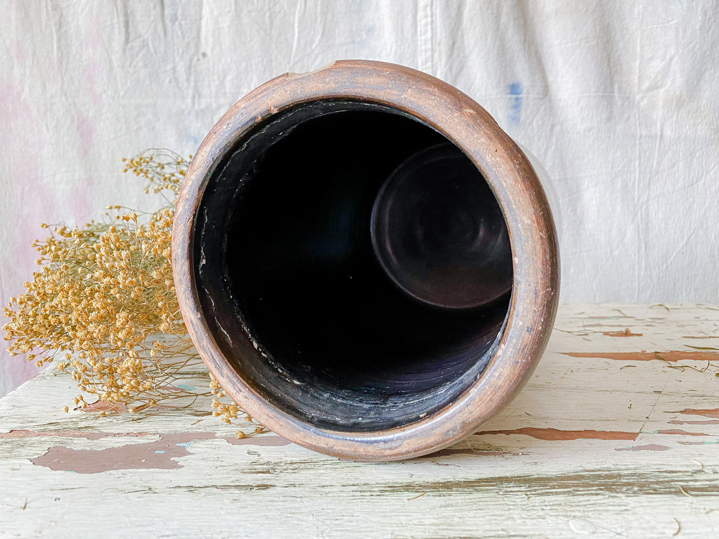 Antique Primitive Dark Brown Glazed 9" Crock | Rustic Farmhouse Kitchen | Antique Stoneware Jar