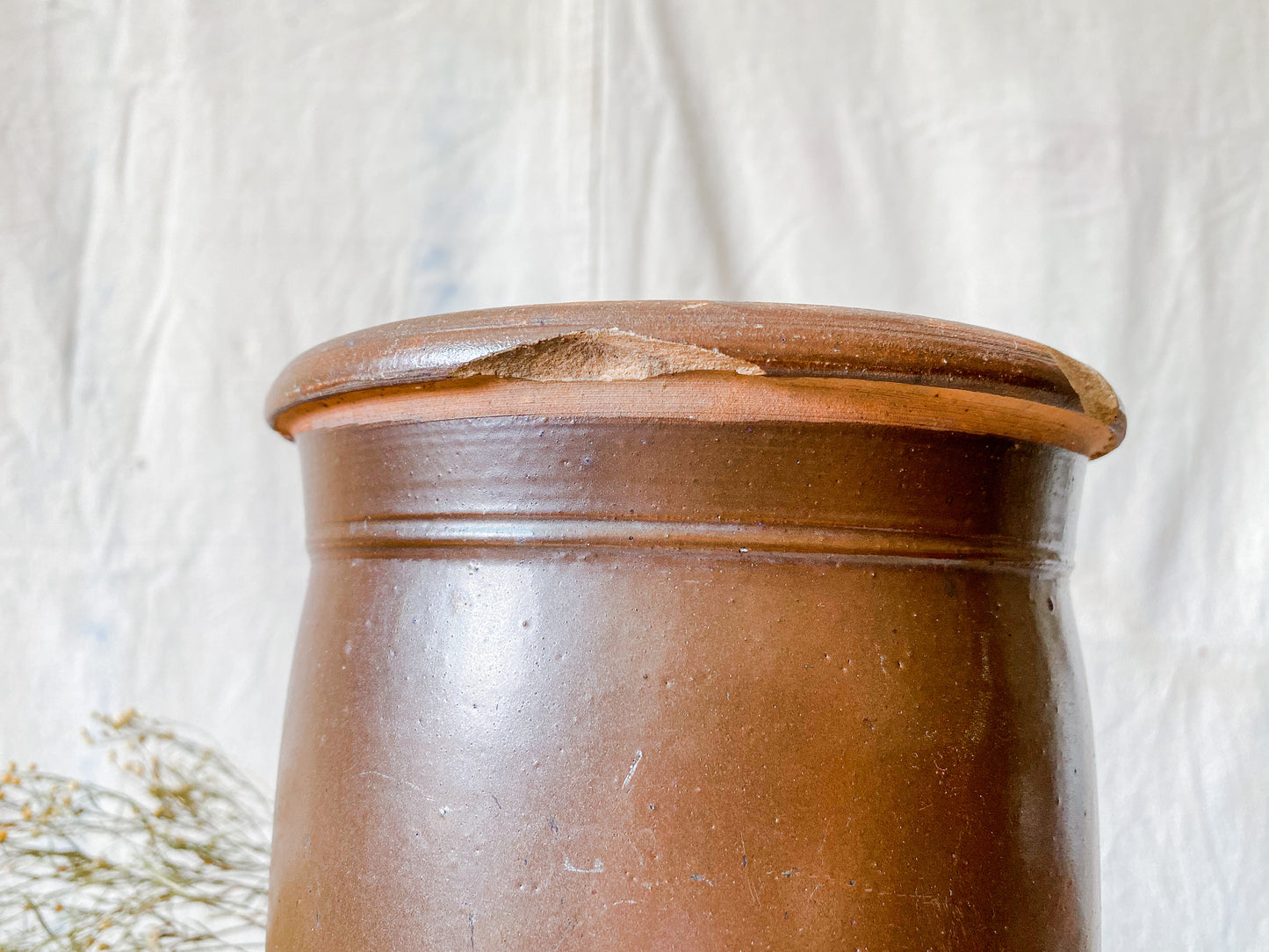 Antique Primitive Dark Brown Glazed 9" Crock | Rustic Farmhouse Kitchen | Antique Stoneware Jar