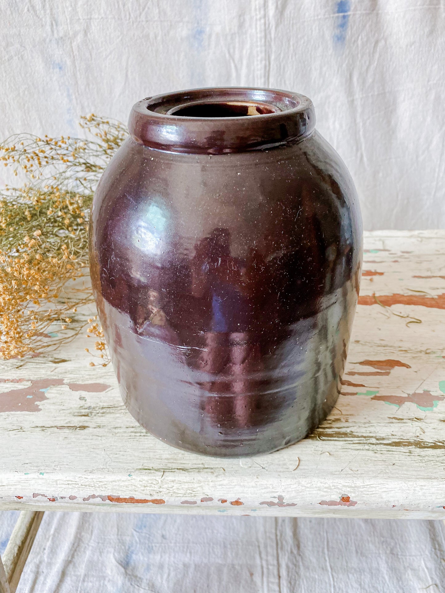 Antique Primitive Dark Brown Glazed 8" Canning Crock | Rustic Farmhouse Kitchen | Antique Stoneware Jar