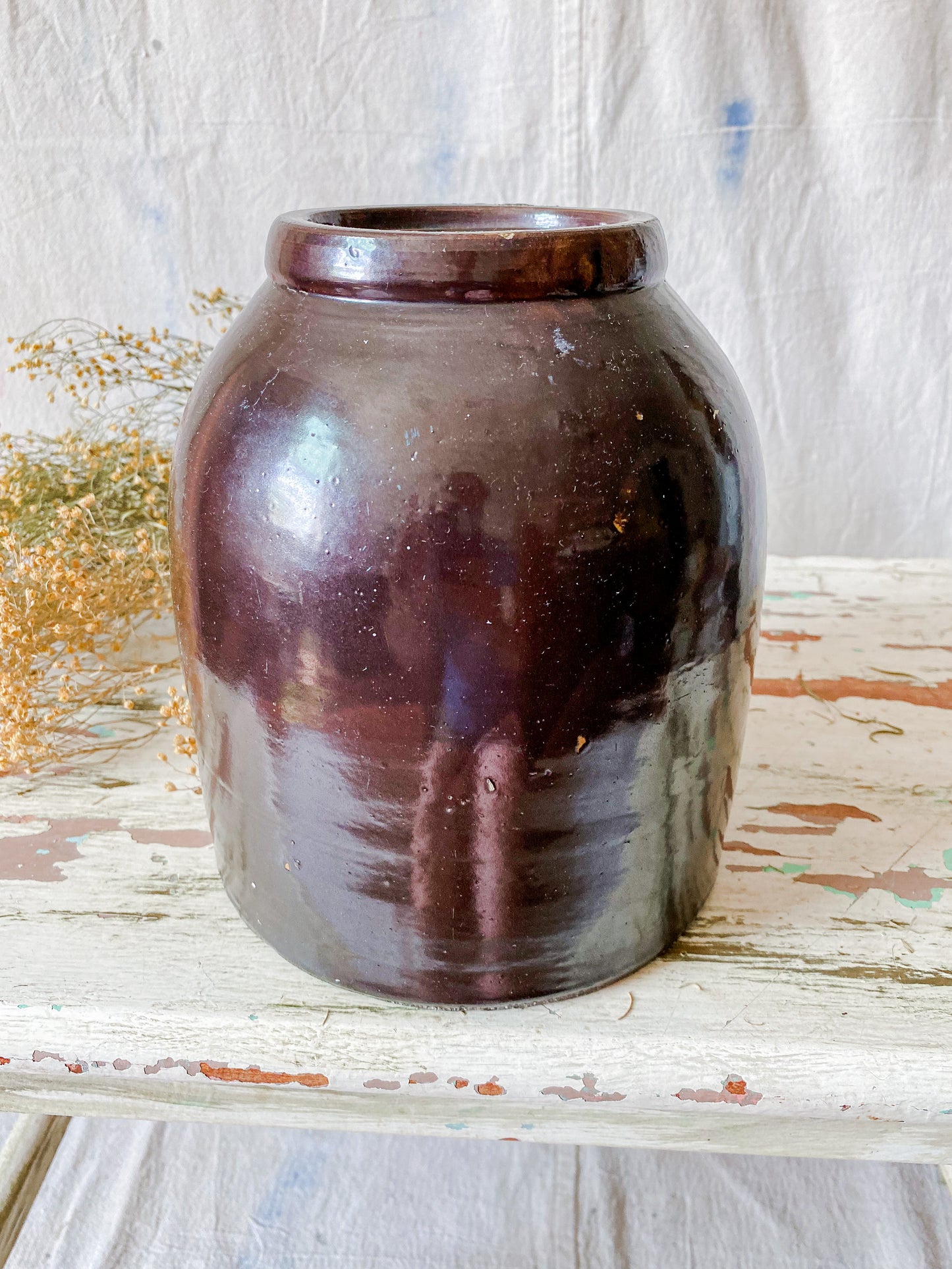 Antique Primitive Dark Brown Glazed 8" Canning Crock | Rustic Farmhouse Kitchen | Antique Stoneware Jar