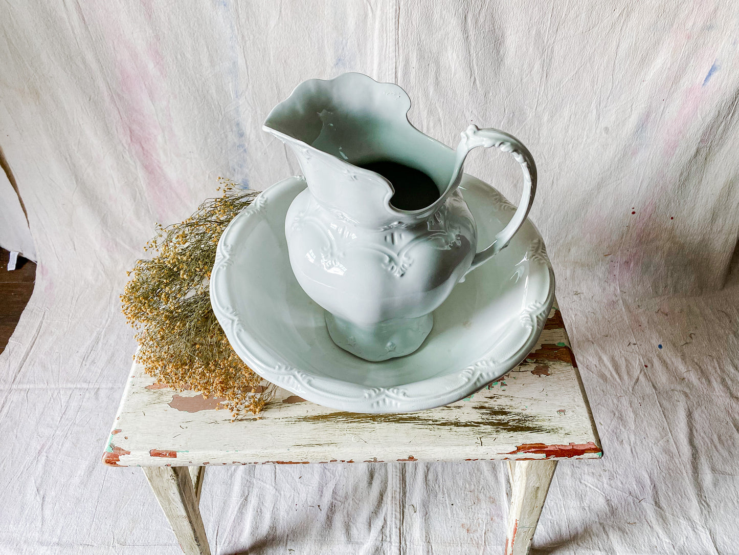 Antique Meakin Pitcher & Wash Basin Set | English Ironstone Large Vase | Modern Farmhouse