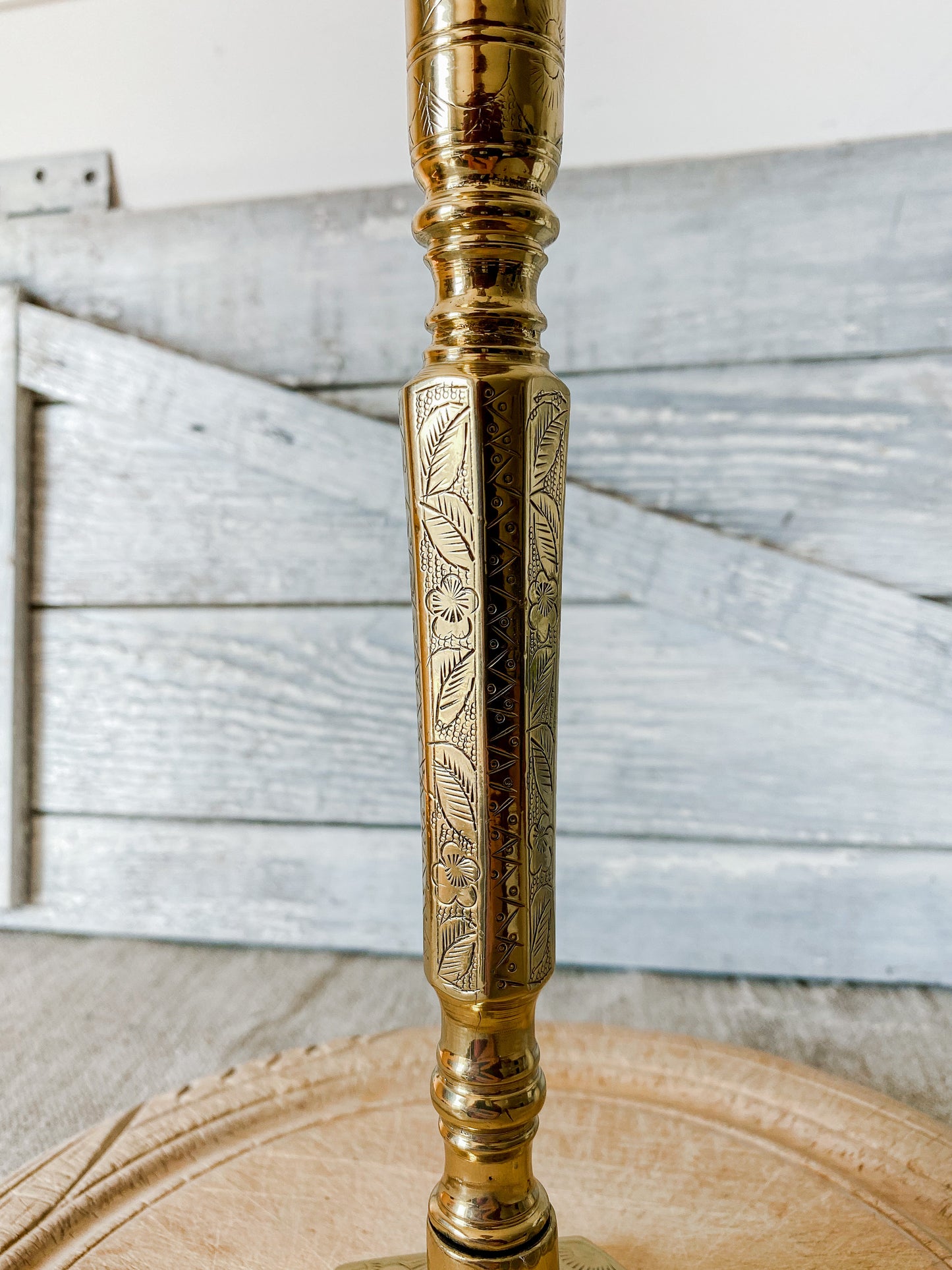 Vintage Brass Etched Floral Tall Candlestick Holder