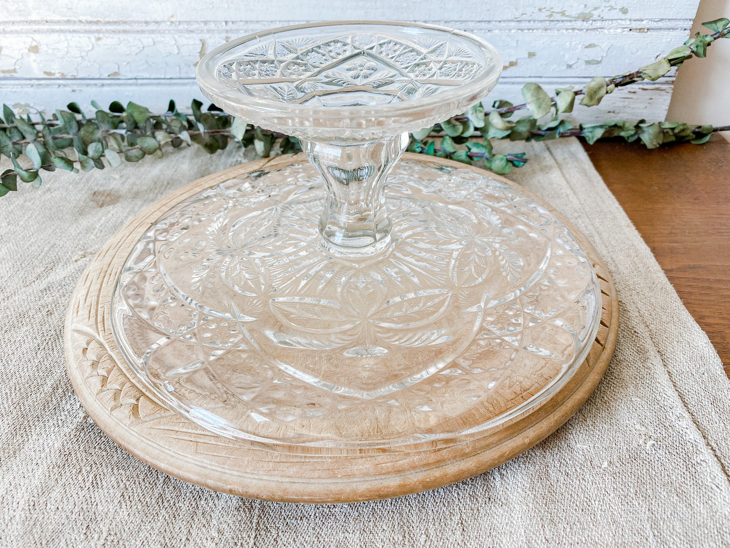 Vintage Pressed Glass Floral Patisserie Stand, Small 9" Cake Stand