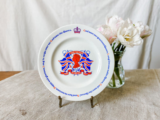 Vintage Queen Elizabeth II Silver Jubilee Commemorative Plate | Red White Blue Ironstone by Adams