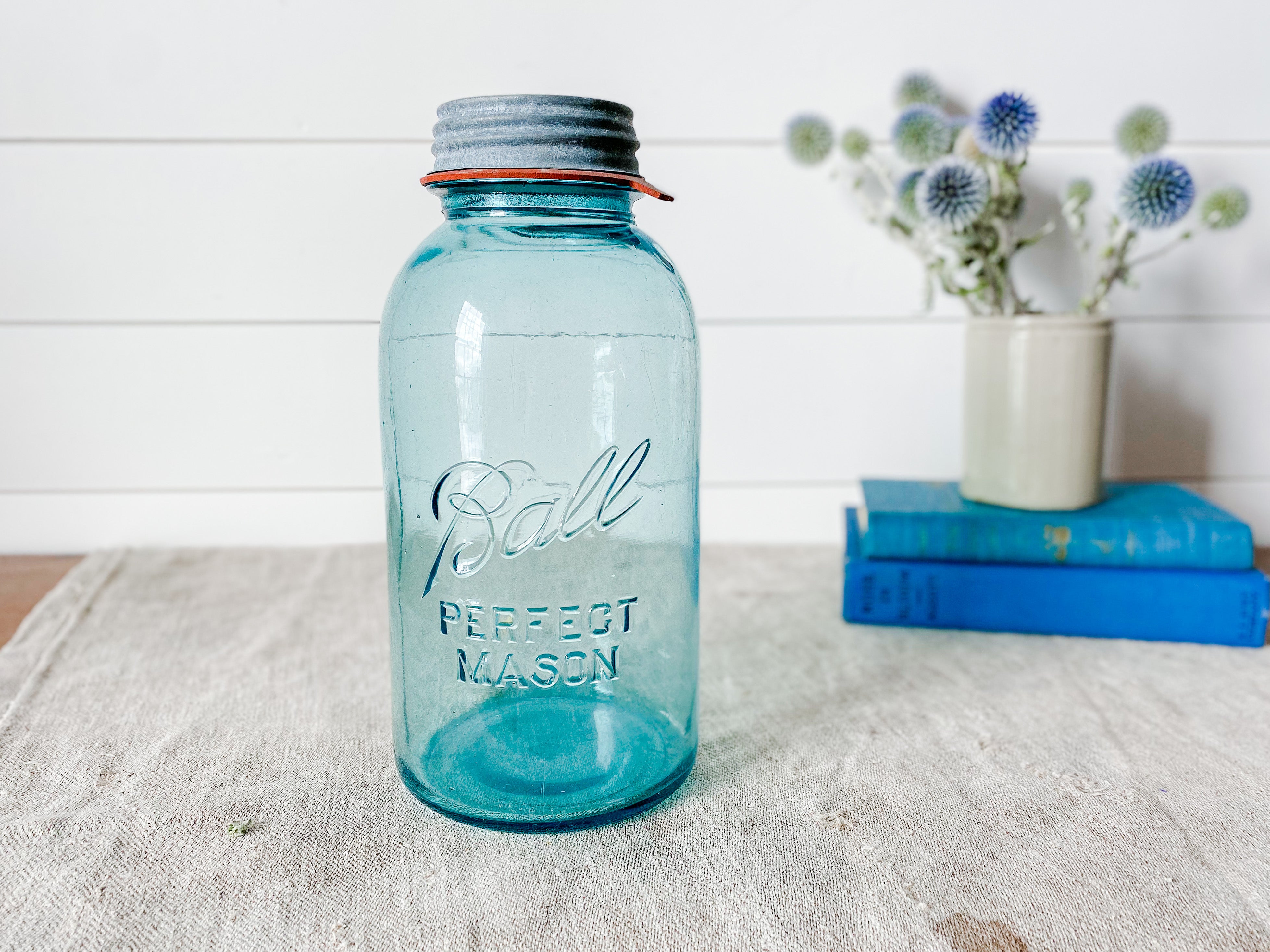 Ball Perfect Mason Jar Blue Half Gallon 1910 1923 Aqua 1/2 Gal 5 Dots Lid