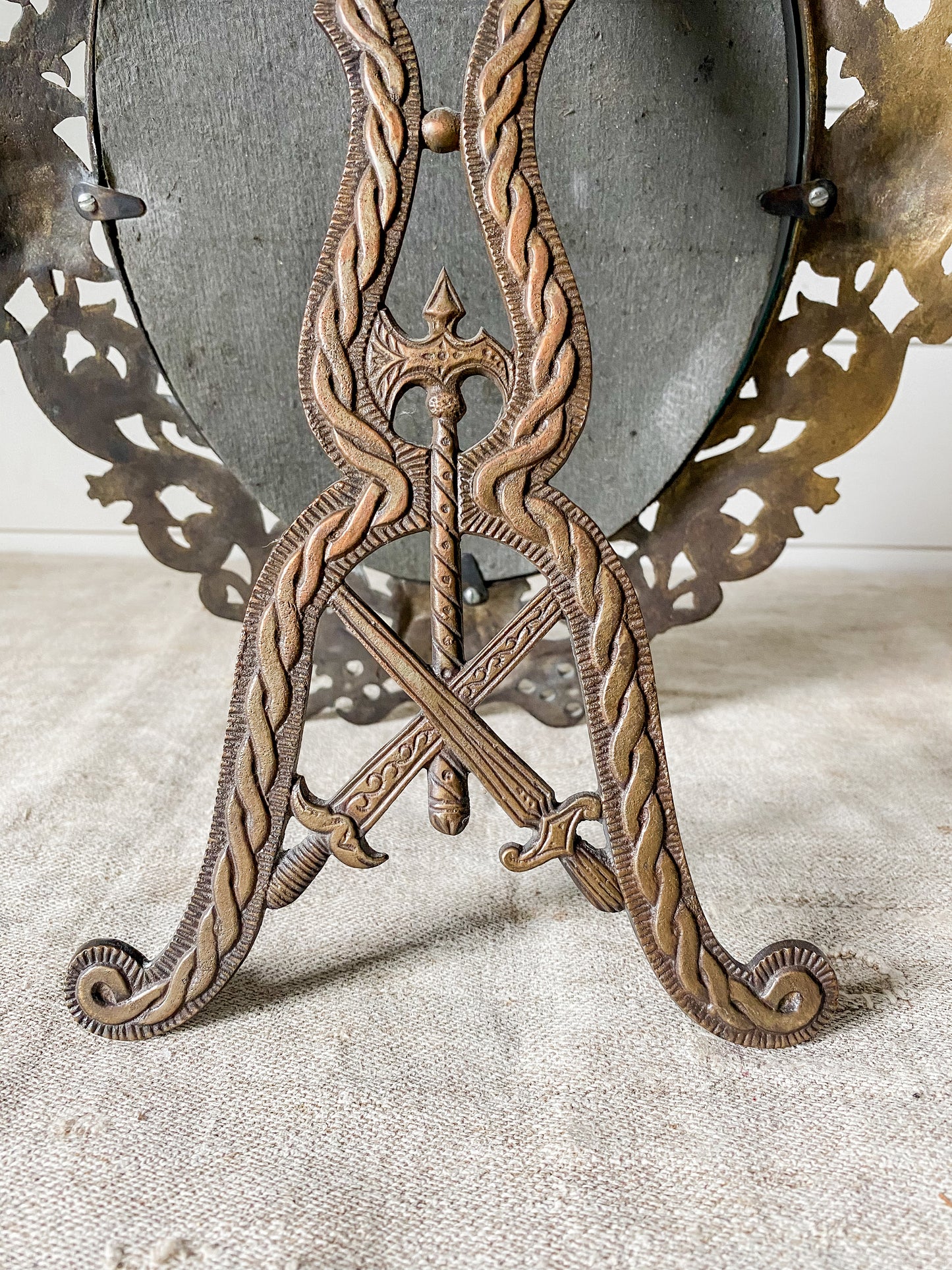 Solid Brass Framed Heraldic Knight Tabletop Mirror with Stand