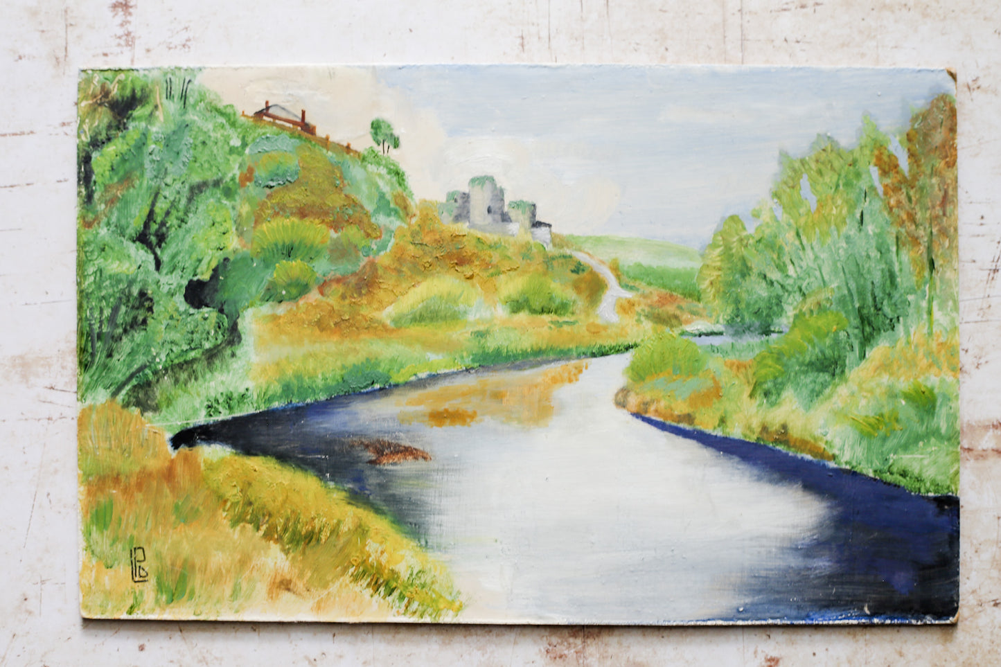 English Landscape Oil of Castle Overlooking River by LPO