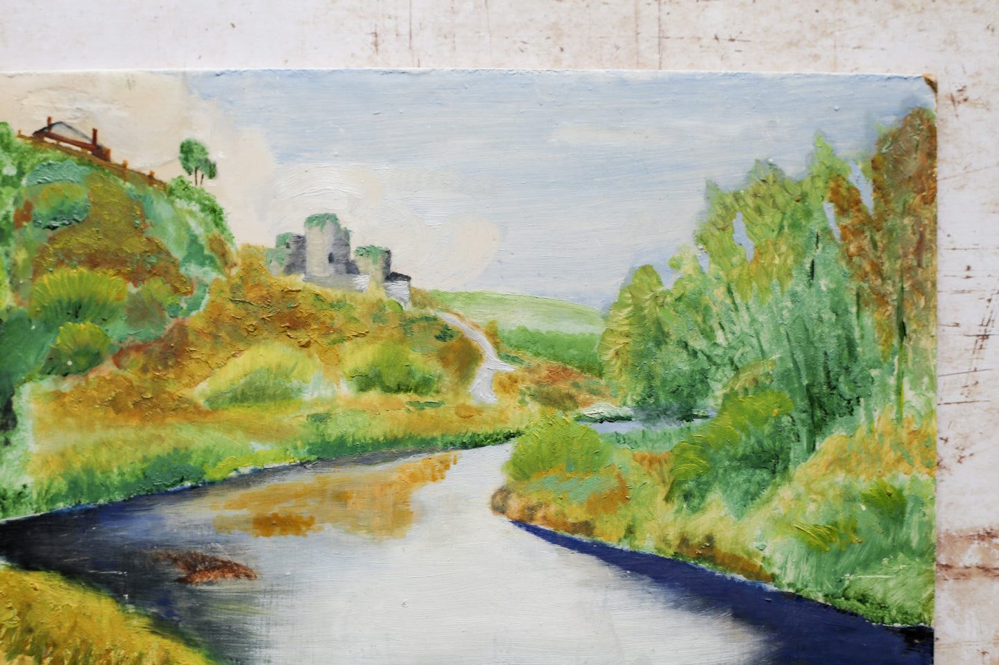 English Landscape Oil of Castle Overlooking River by LPO