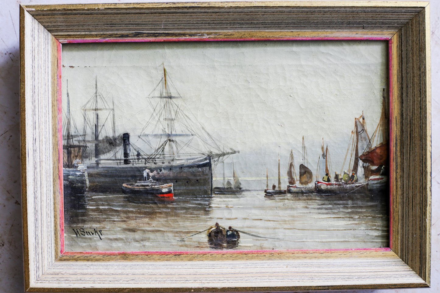 Antique Framed Oil Painting of Ship Scene by W. Burke