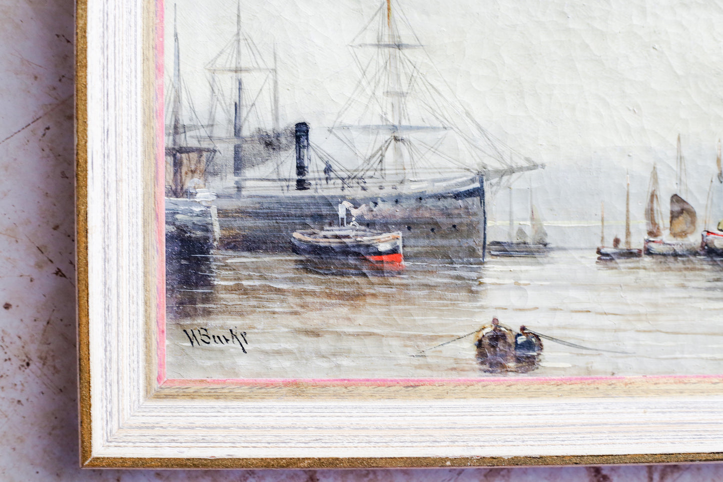 Antique Framed Oil Painting of Ship Scene by W. Burke