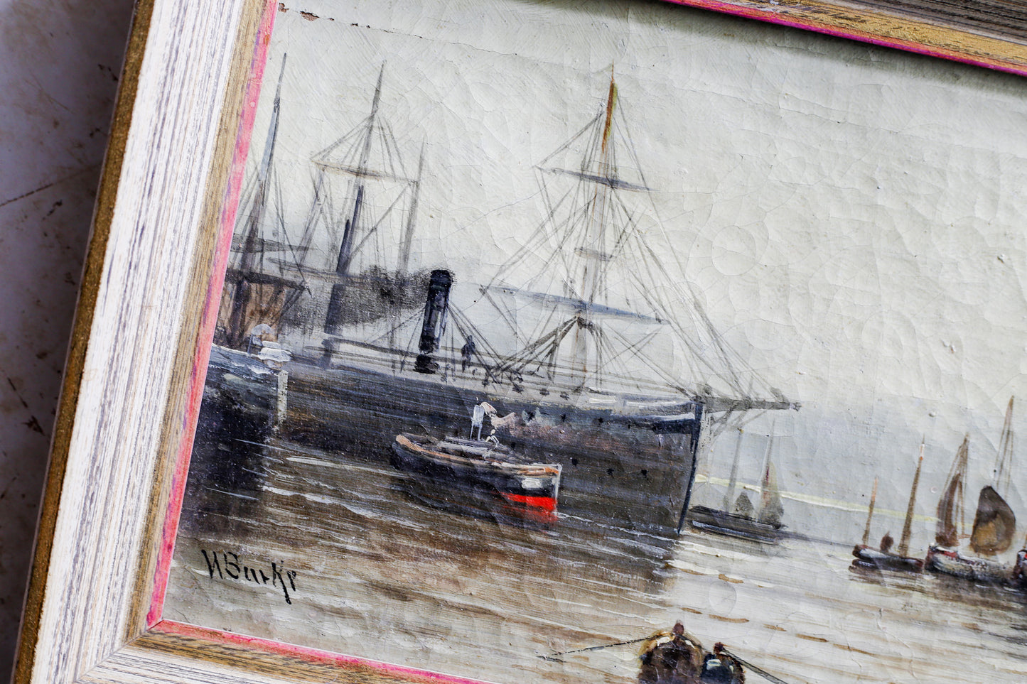 Antique Framed Oil Painting of Ship Scene by W. Burke