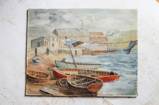Vintage Oil Painting of English Wharf and Boats