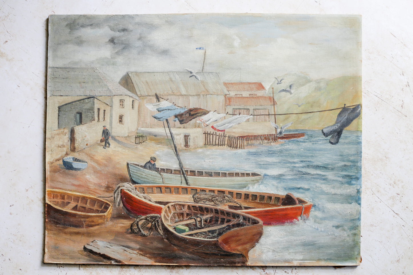 Vintage Oil Painting of English Wharf and Boats