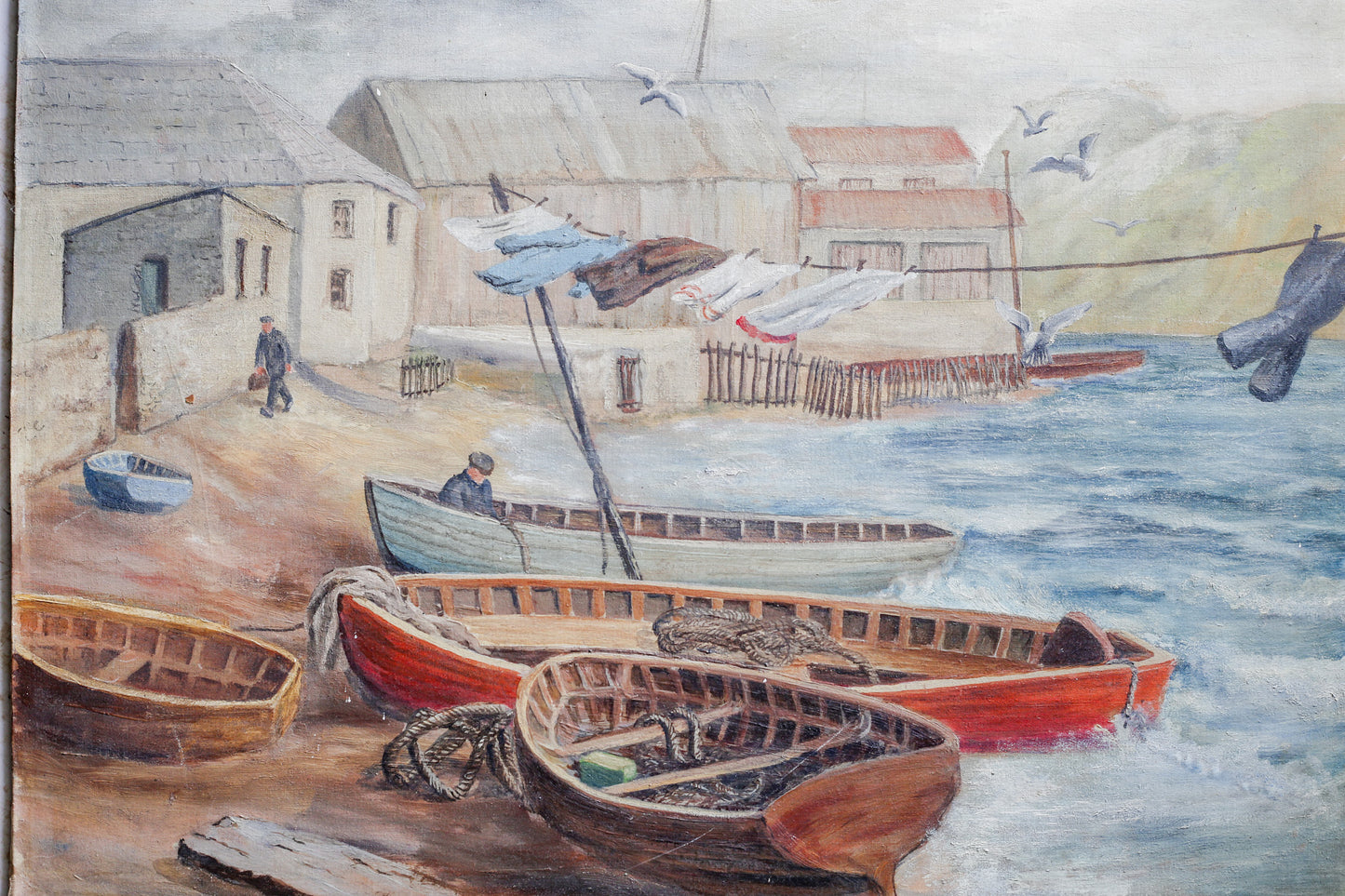 Vintage Oil Painting of English Wharf and Boats