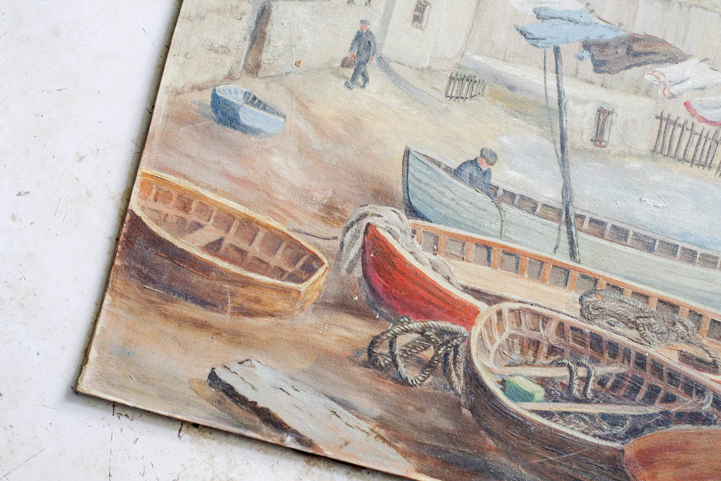 Vintage Oil Painting of English Wharf and Boats