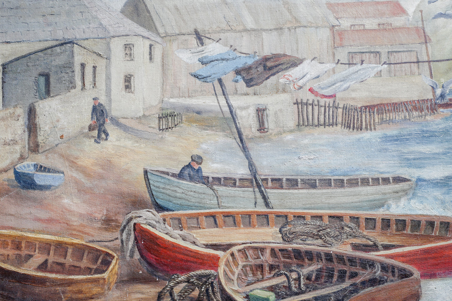 Vintage Oil Painting of English Wharf and Boats