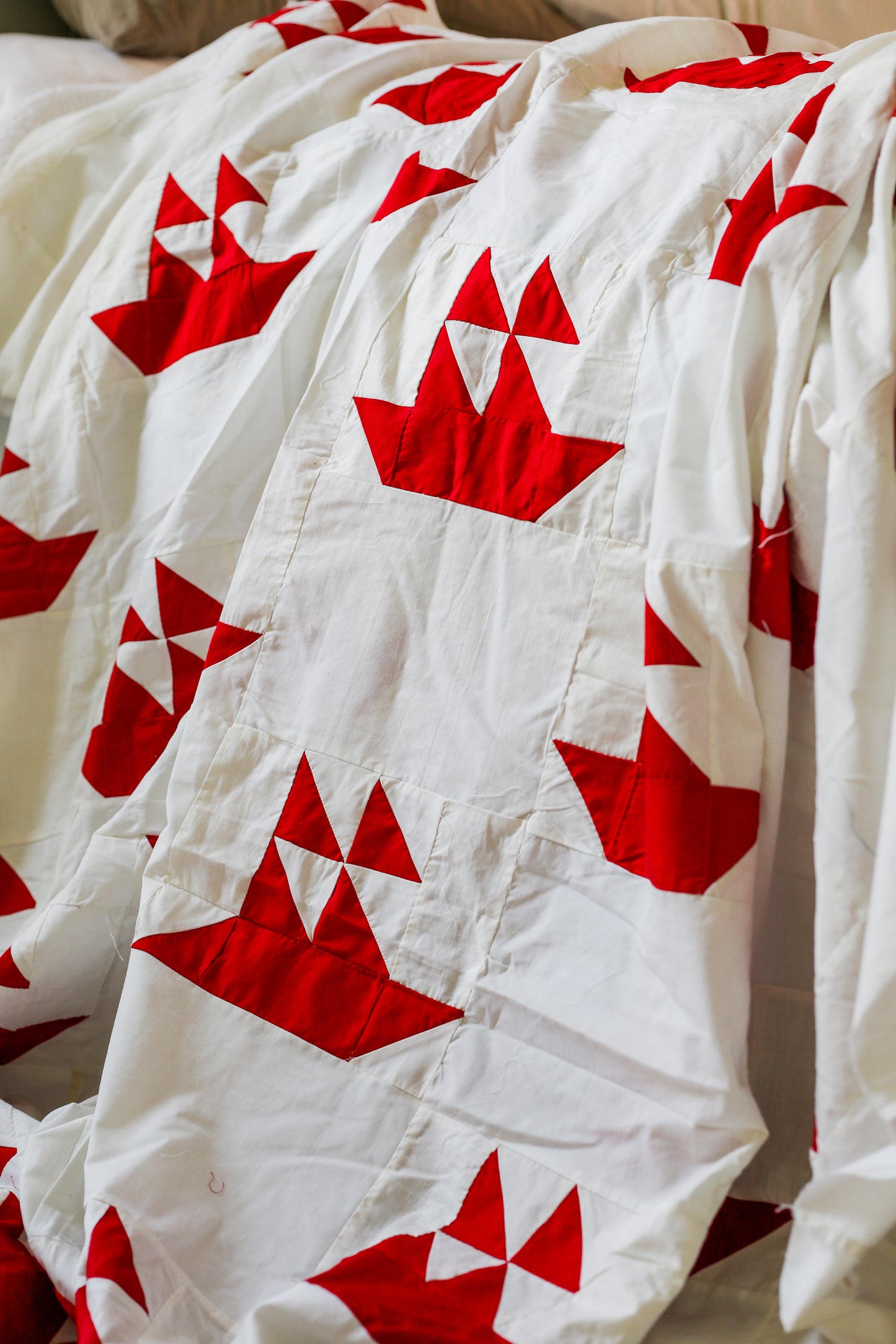 Vintage Red & White Sailboat Quilt TOP