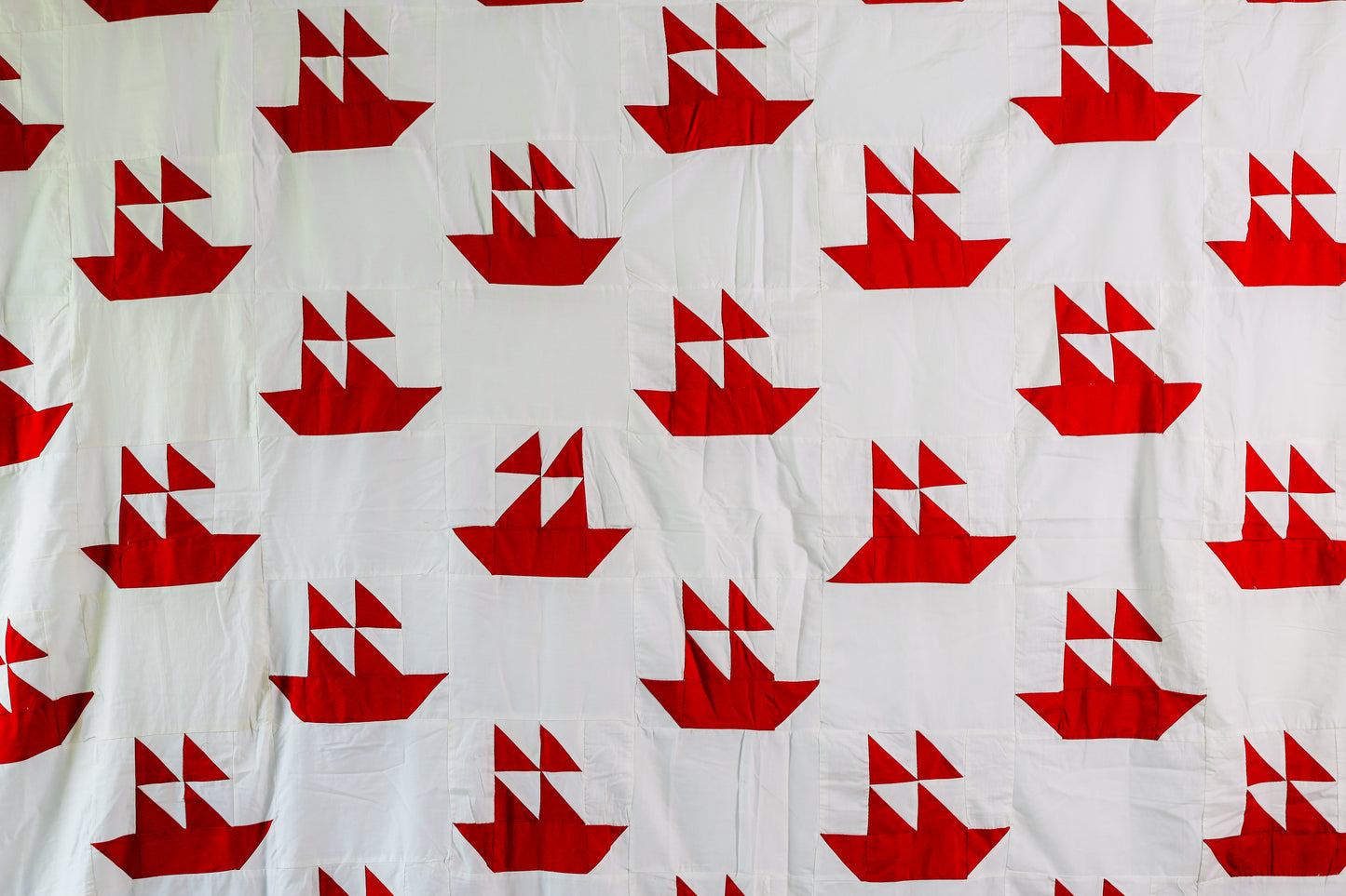 Vintage Red & White Sailboat Quilt TOP