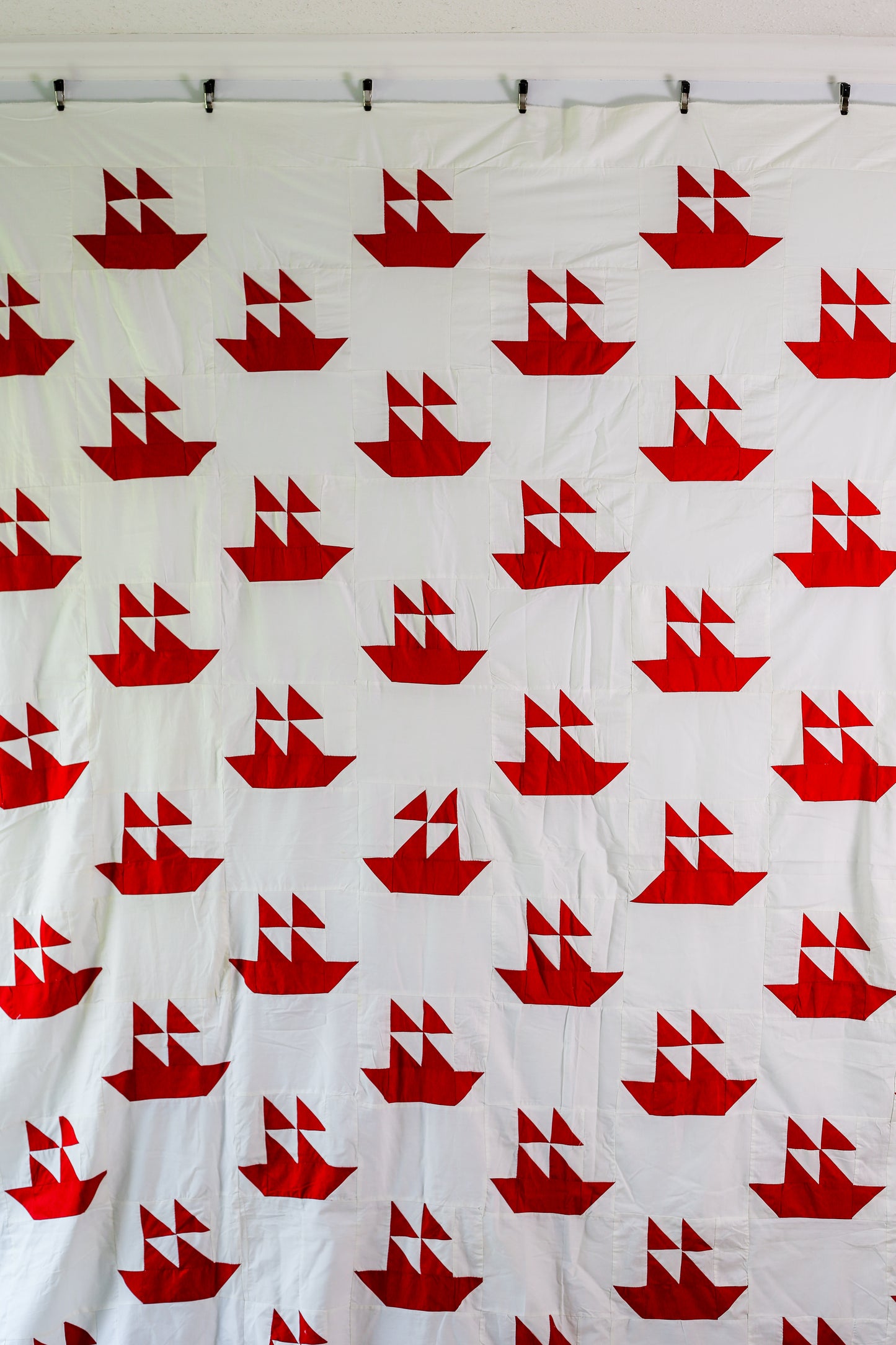 Vintage Red & White Sailboat Quilt TOP