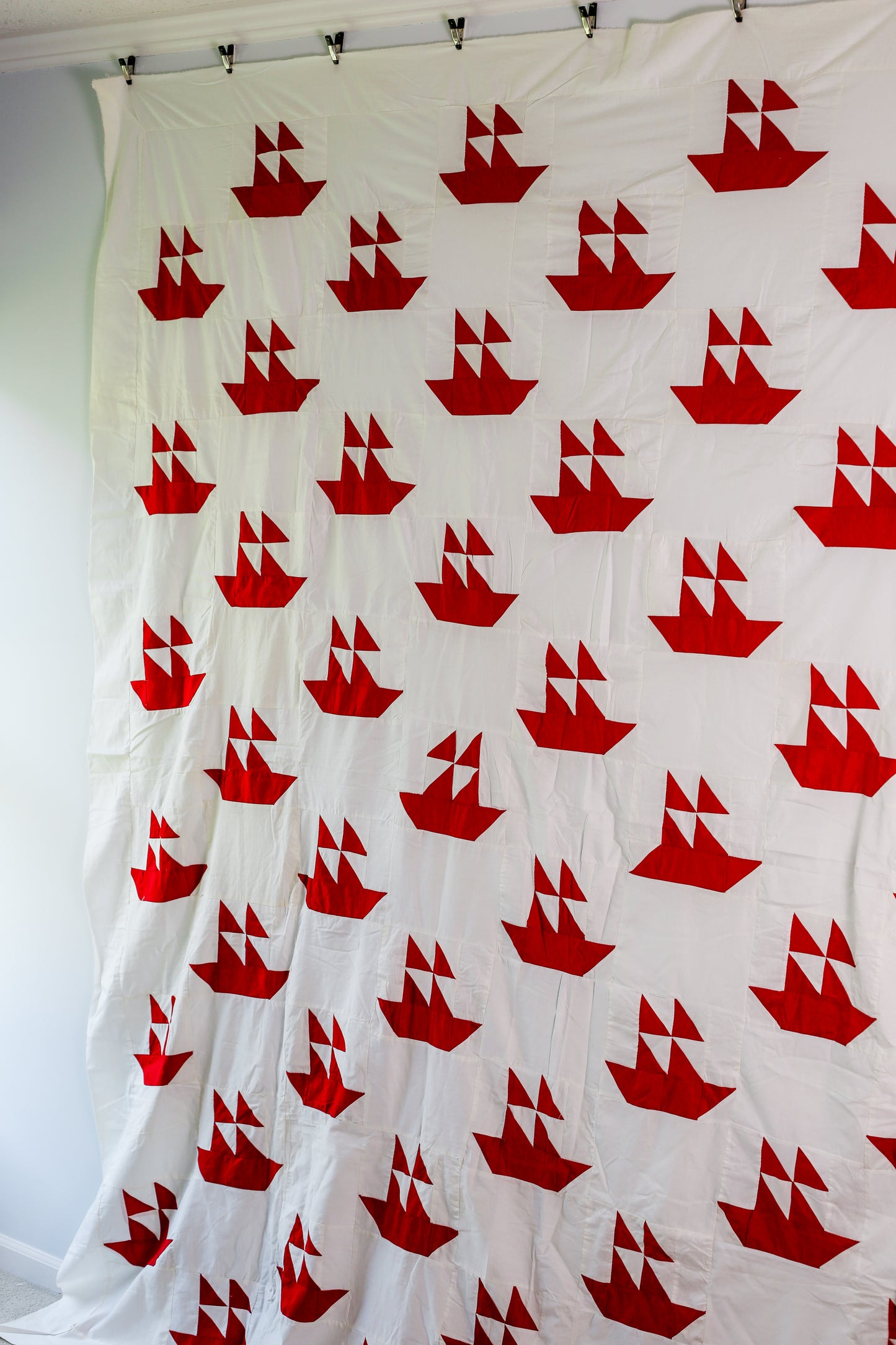 Vintage Red & White Sailboat Quilt TOP