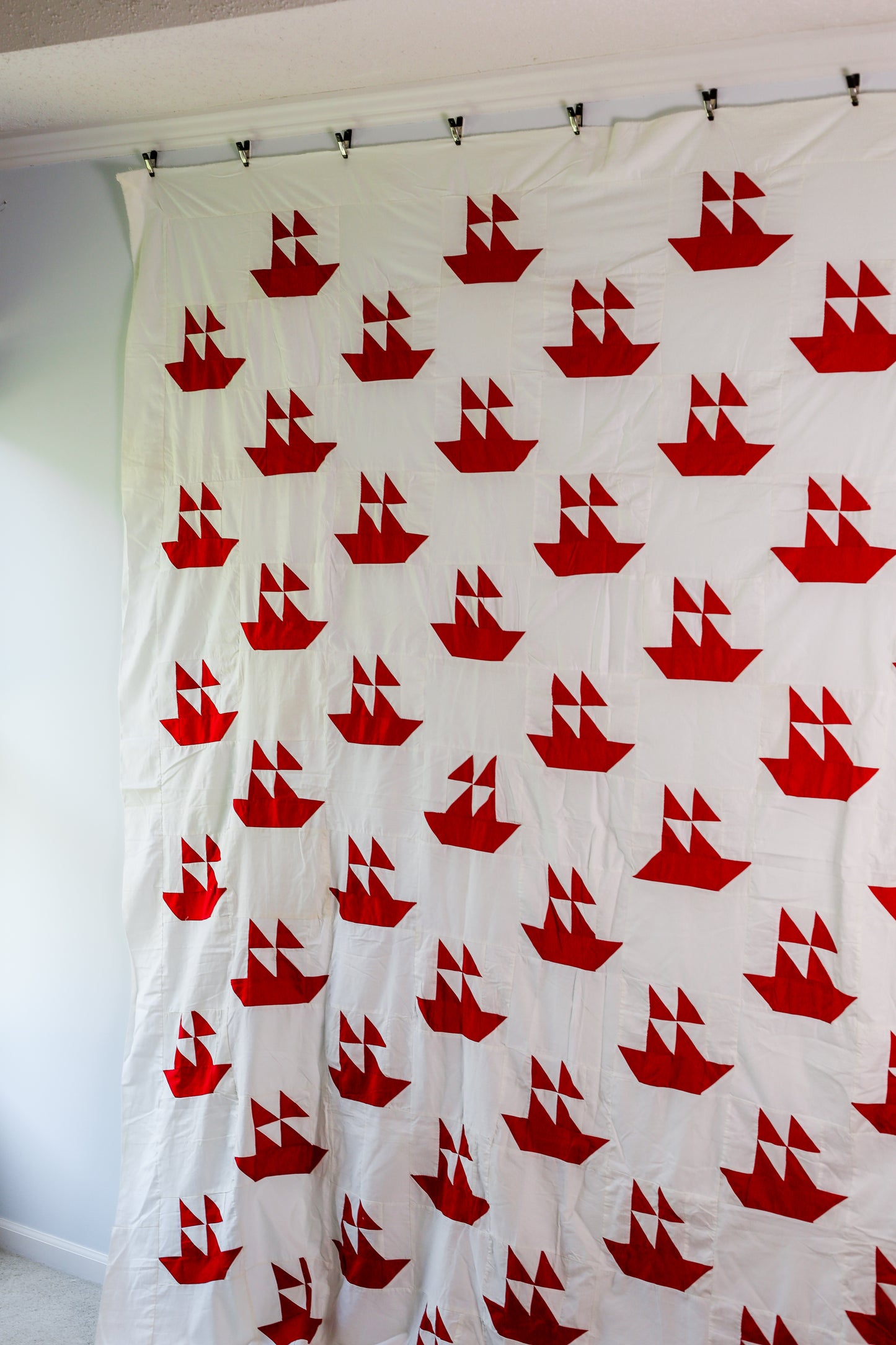 Vintage Red & White Sailboat Quilt TOP