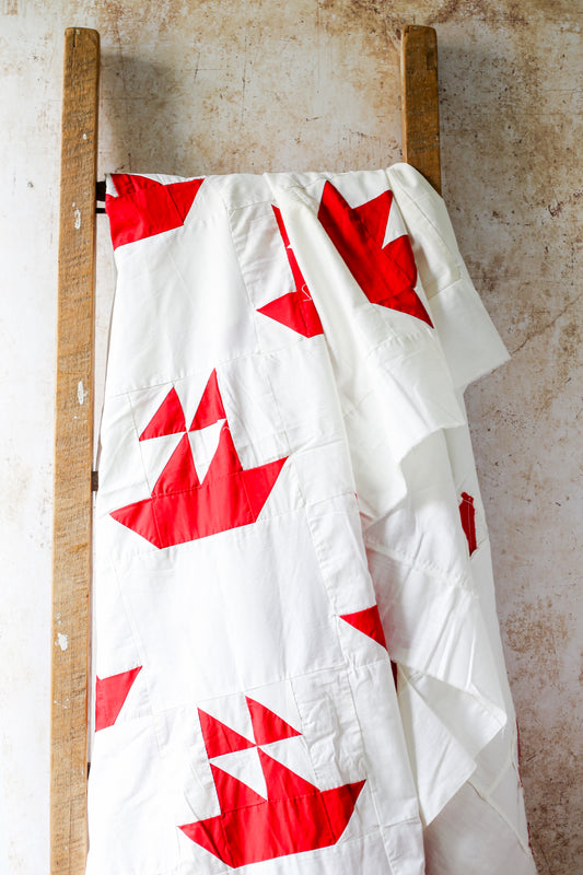 Vintage Red & White Sailboat Quilt TOP