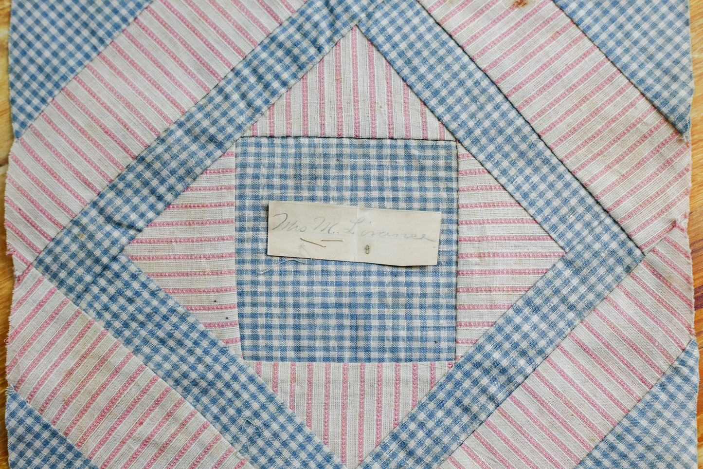 Antique Blue and Pink Quilt Block with Name, c1910