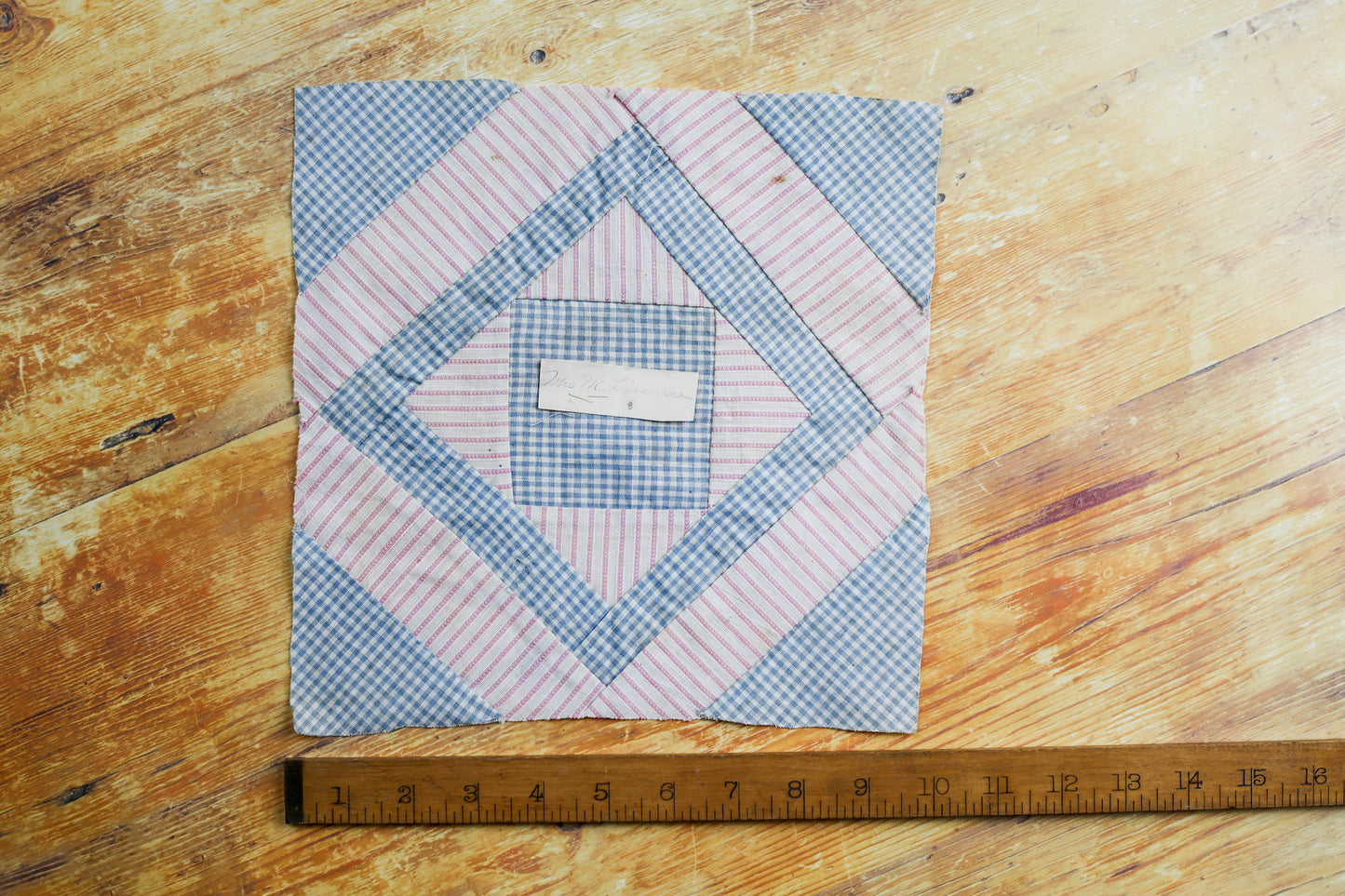 Antique Blue and Pink Quilt Block with Name, c1910