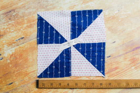 Antique Blue and White Pinwheel “Beaulah Myers” 8” Quilt Block, c1900