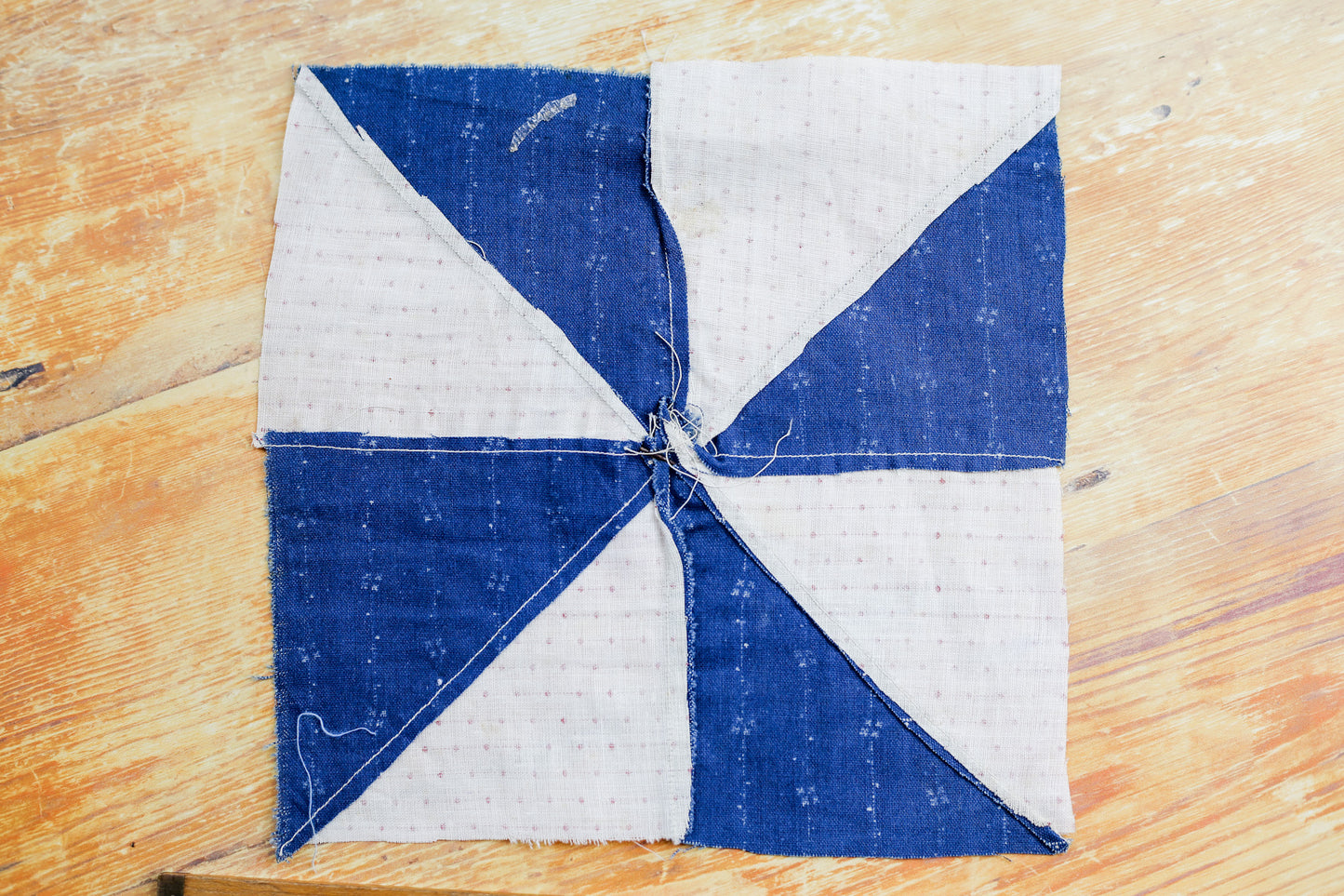 Antique Blue and White Pinwheel “Beaulah Myers” 8” Quilt Block, c1900