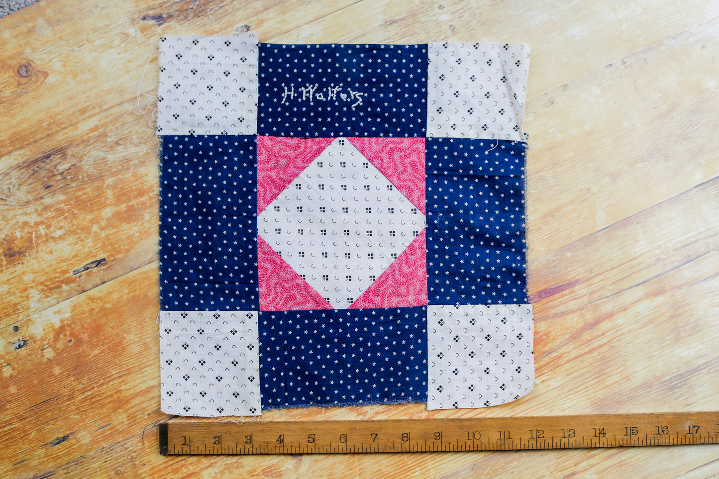 Antique Blue and Pink “H. Walters” Signed Quilt Block, c1910