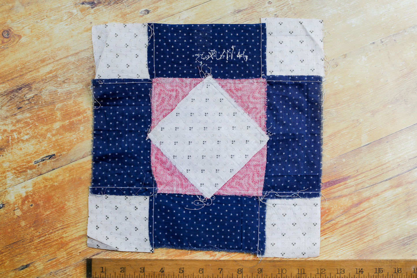 Antique Blue and Pink “H. Walters” Signed Quilt Block, c1910