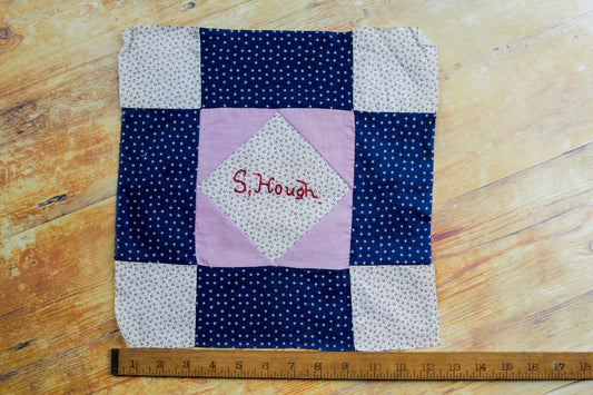 Antique Blue and Pink “S. Hough” Signed Quilt Block, c1910