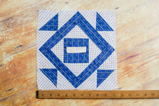 Antique Blue and White “Minnie Edwards” Signed Double Square Quilt Block, c1910