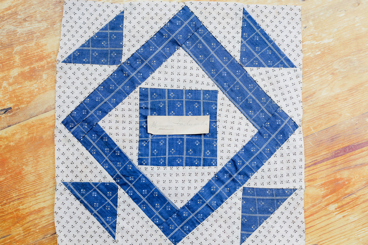 Antique Blue and White “Minnie Edwards” Signed Double Square Quilt Block, c1910