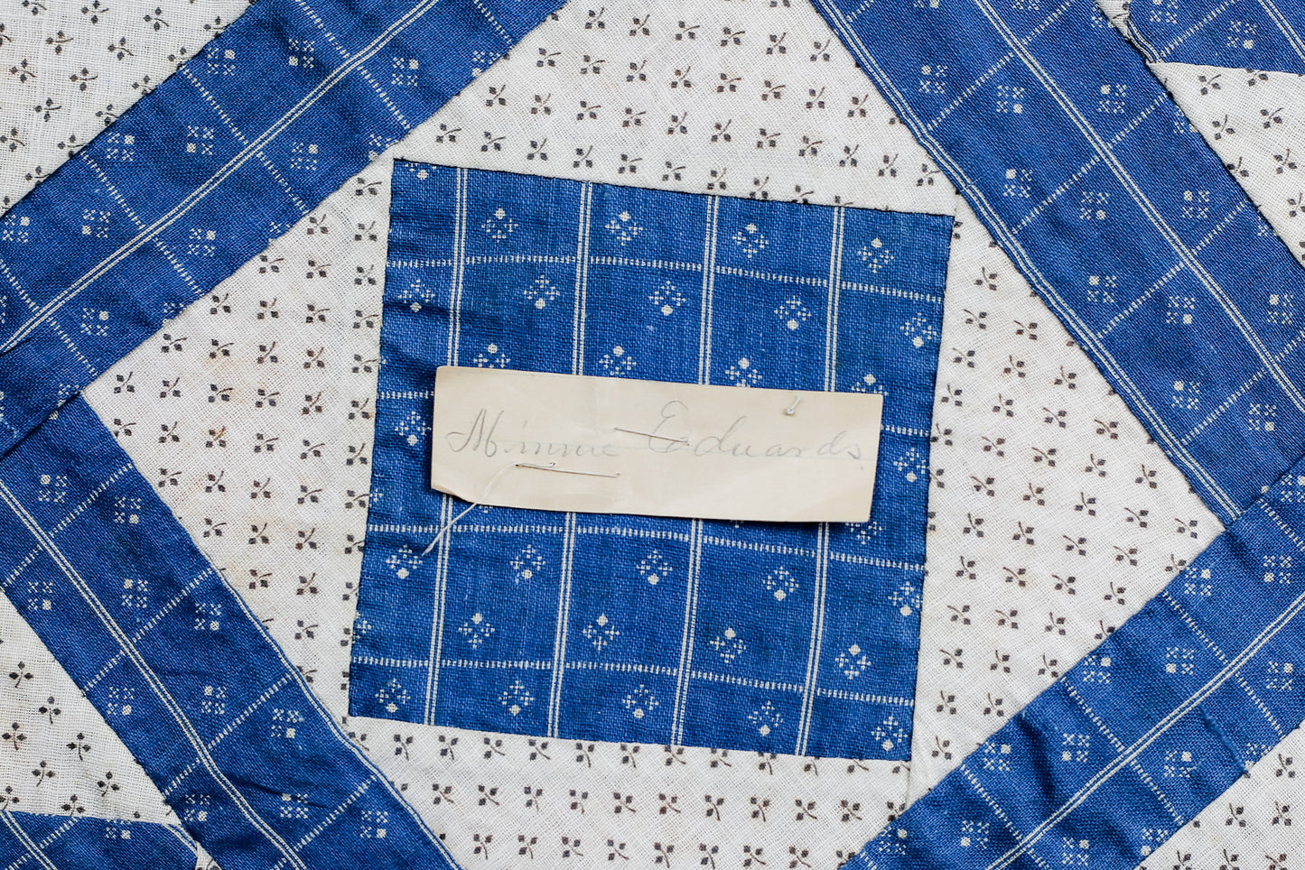 Antique Blue and White “Minnie Edwards” Signed Double Square Quilt Block, c1910