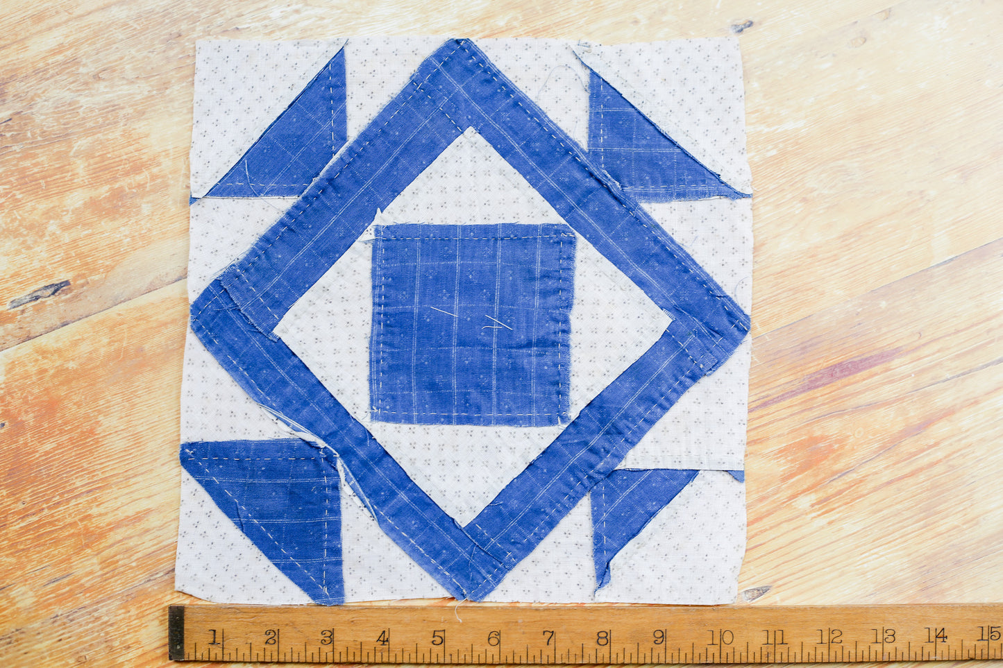 Antique Blue and White “Minnie Edwards” Signed Double Square Quilt Block, c1910