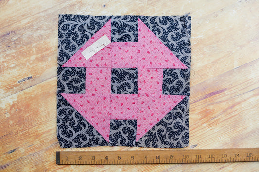 Antique Pink and Black Churn Dash Signed Quilt Block, c1910