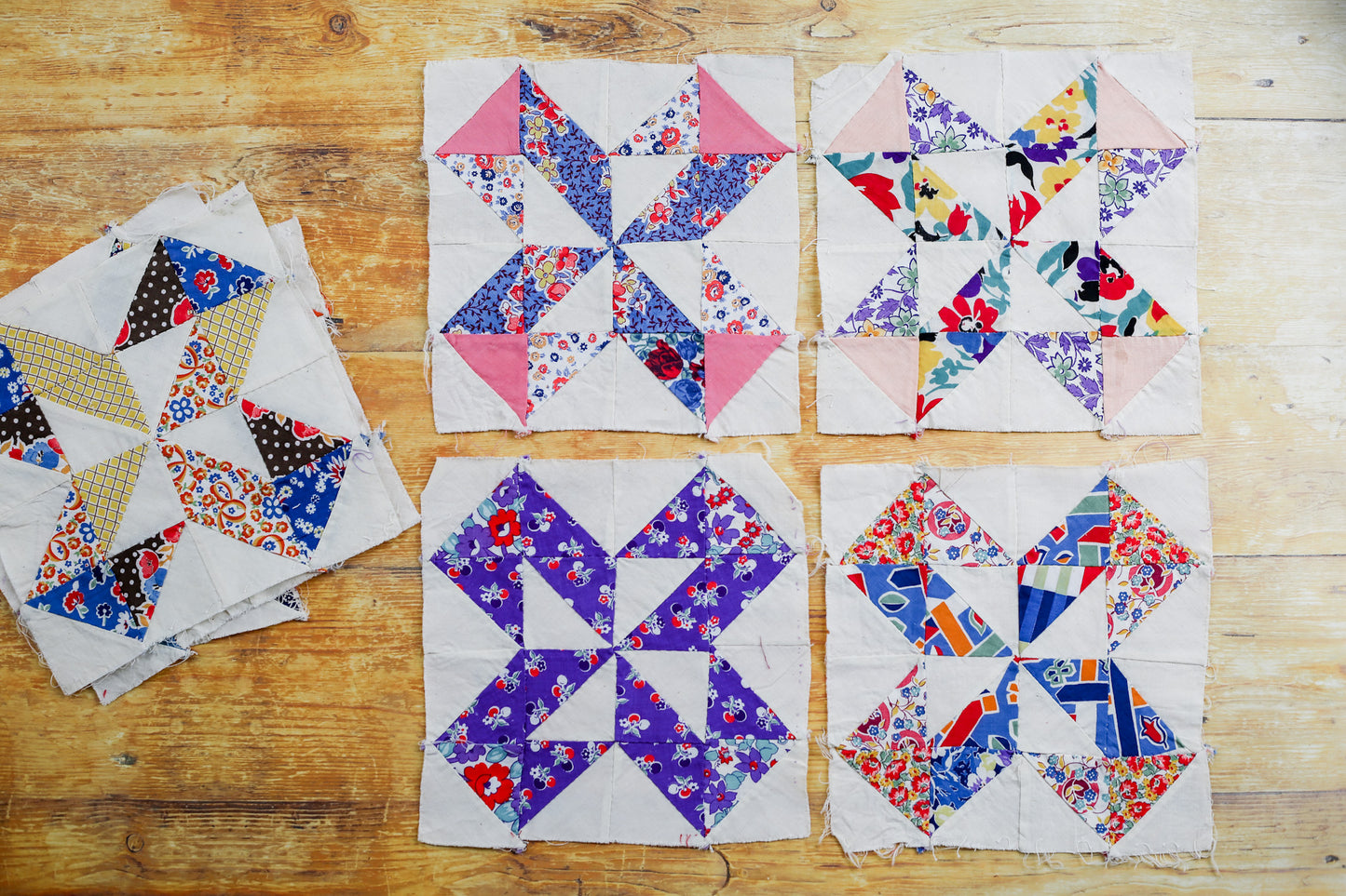 Set of 8 Vintage Pinwheel Quilt Blocks, c1930