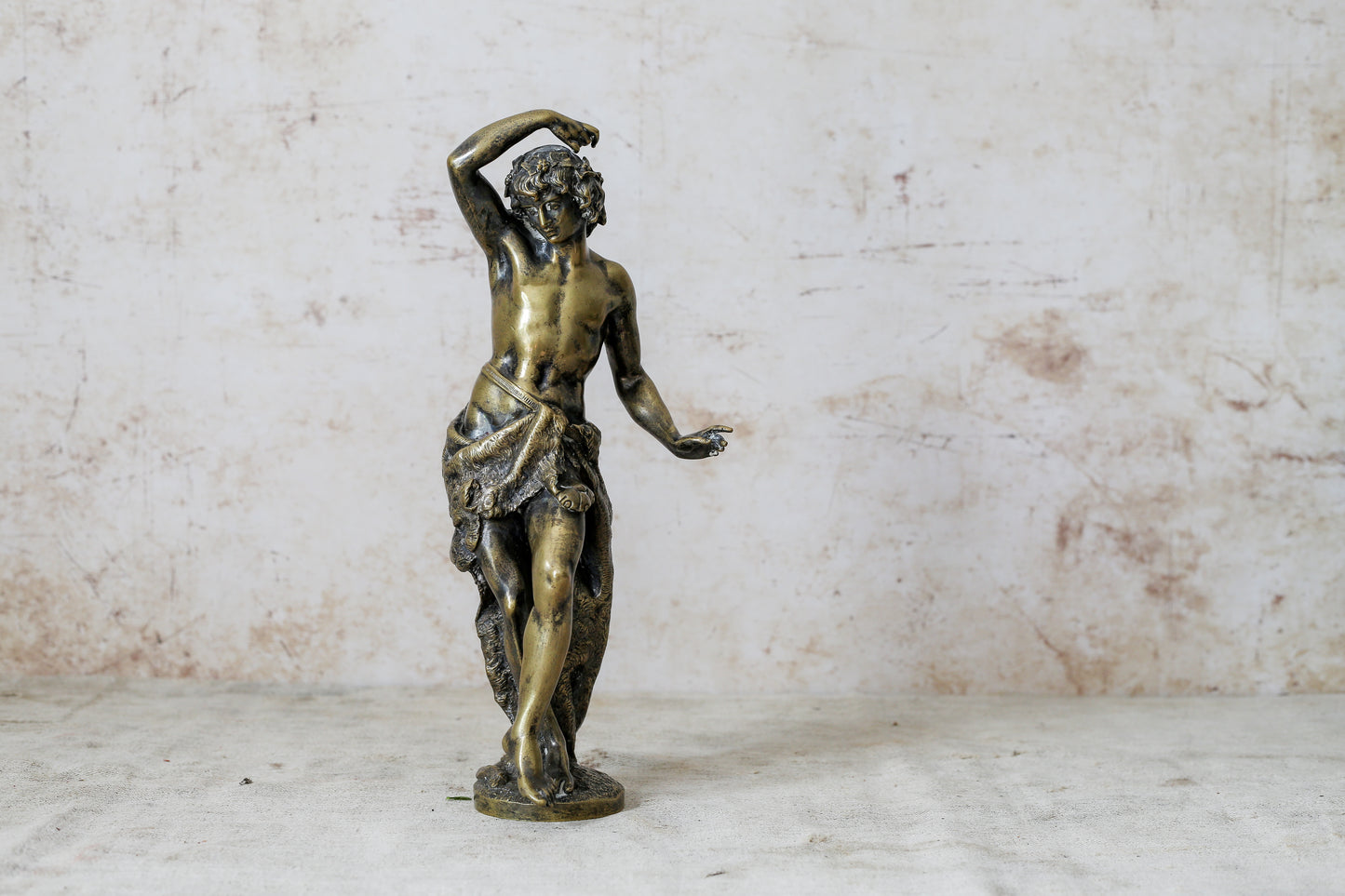 Antique 19th Century Classical Bronze Statue of Young Man with Lion's Pelt