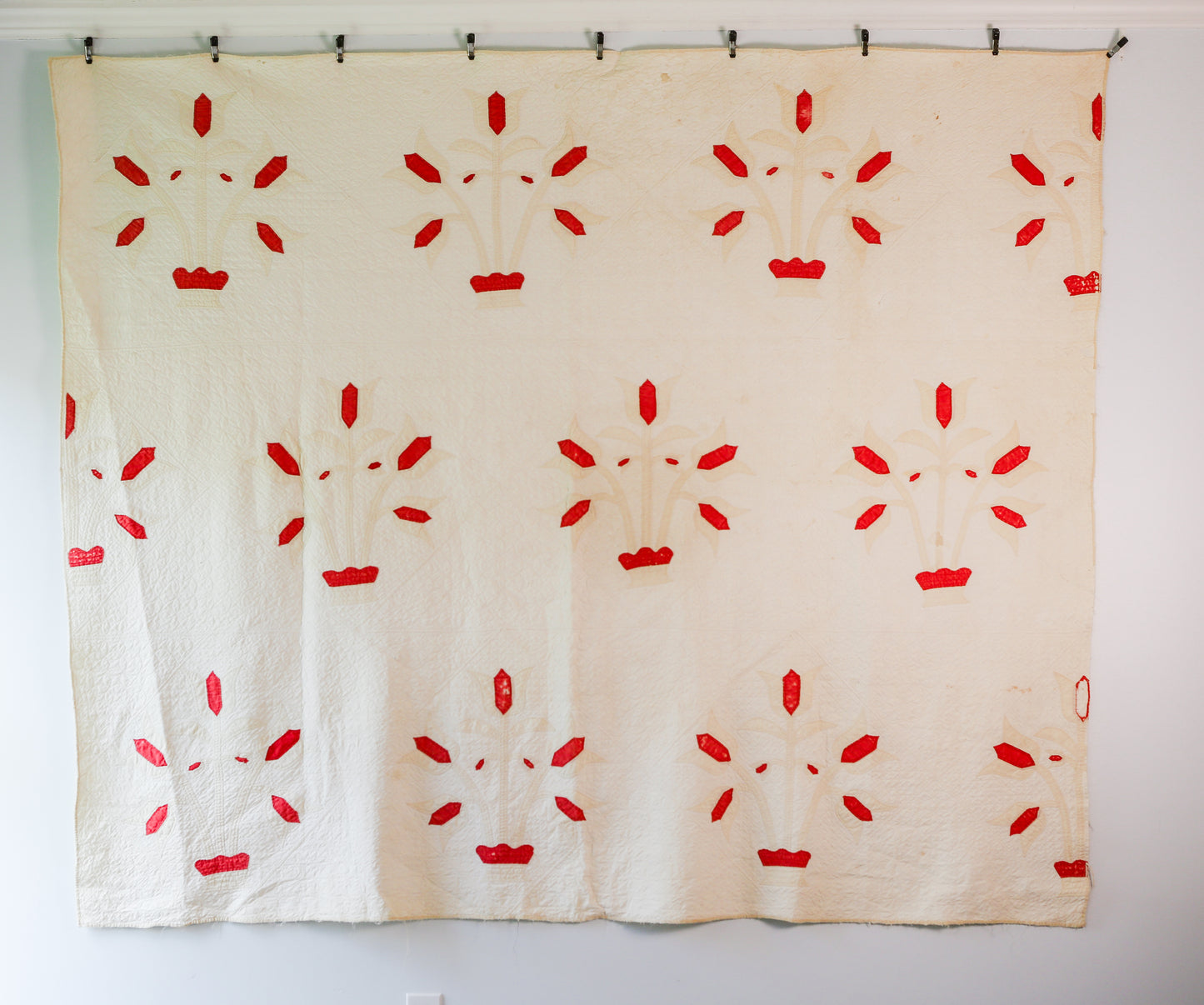 Antique Cutter Quilt | Red and Tan Flower Basket Applique, c1880