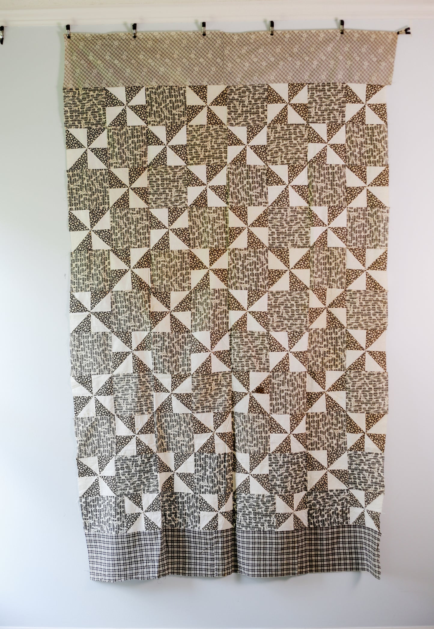 Vintage Black and White Pinwheel Quilt TOP, c1910