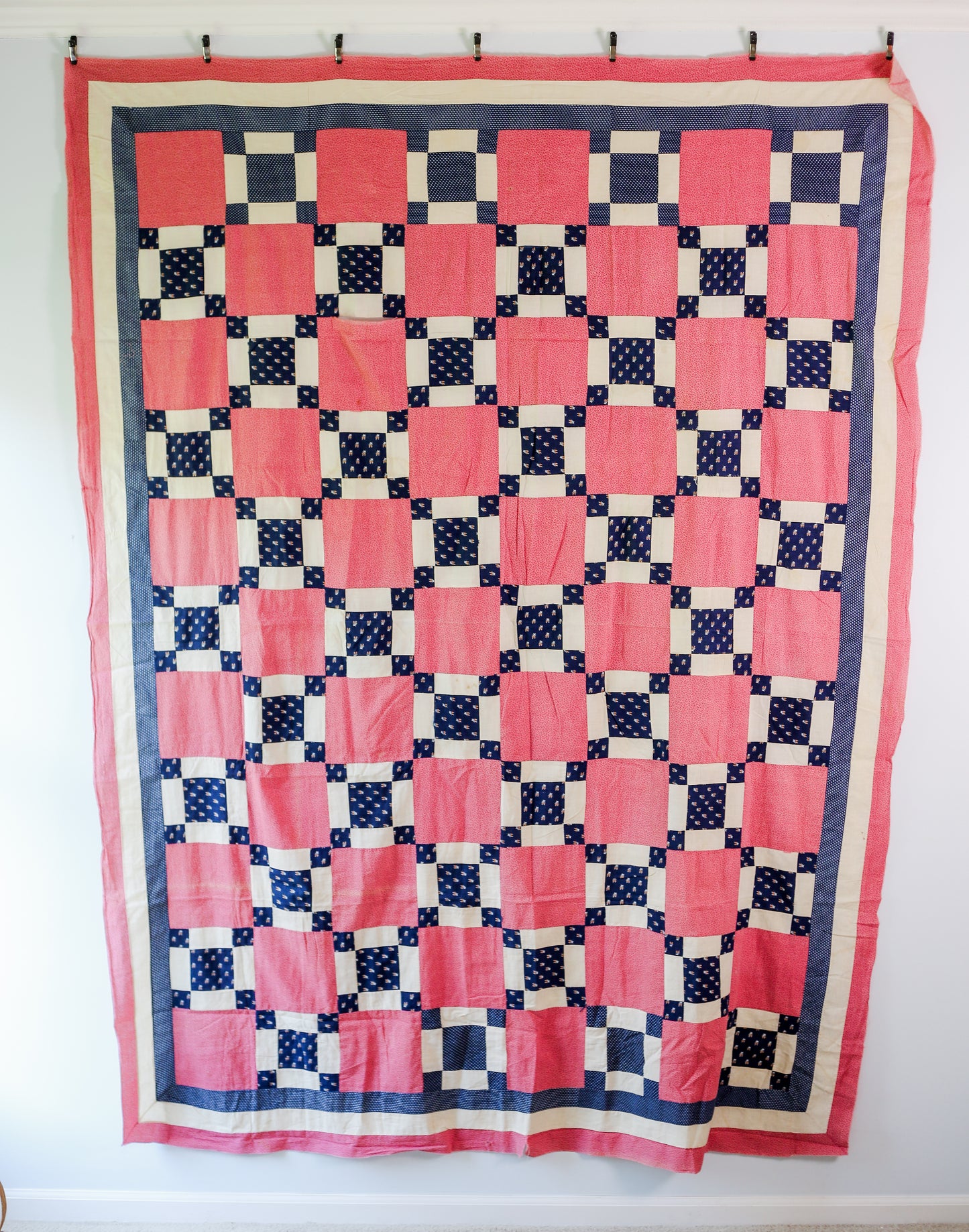 Vintage Counterpane Blue and Pink Quilt TOP, c1920