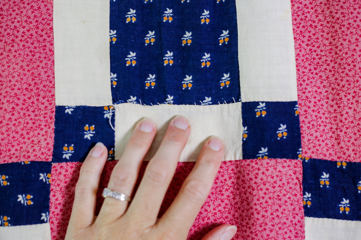 Vintage Counterpane Blue and Pink Quilt TOP, c1920