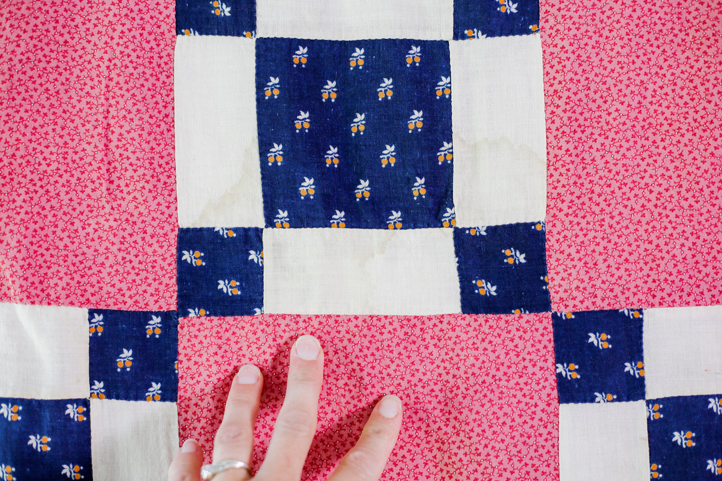 Vintage Counterpane Blue and Pink Quilt TOP, c1920