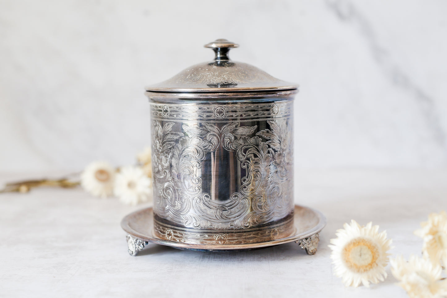 Vintage Silver Plate English Biscuit Barrel with Underplate